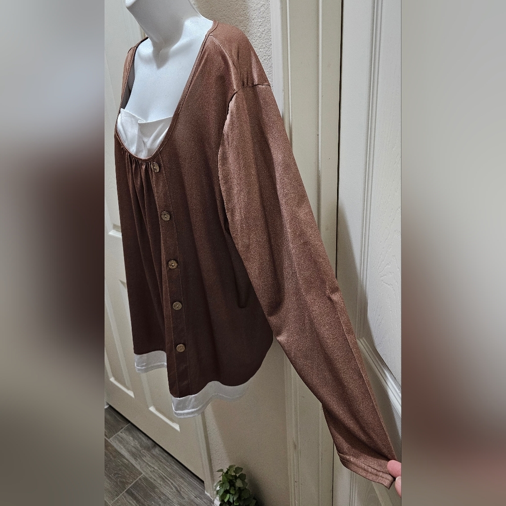Bronze Peasant Long Sleeve With White Insert & Button Detail XL EUC - Picture 4 of 7